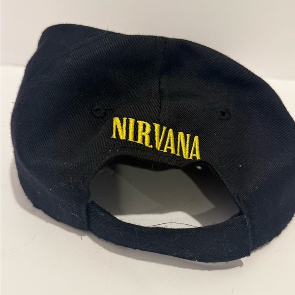 Nirvana Baseball Cap Hat Black Yellow Smiley Face Embroidered OSFM Strap Back - Picture 3 of 5